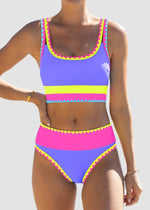 Color Contrast Patchwork Nylon Sporty 3 Piece Bikini Sets 18