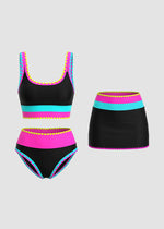 Color Contrast Patchwork Nylon Sporty 3 Piece Bikini Sets 23