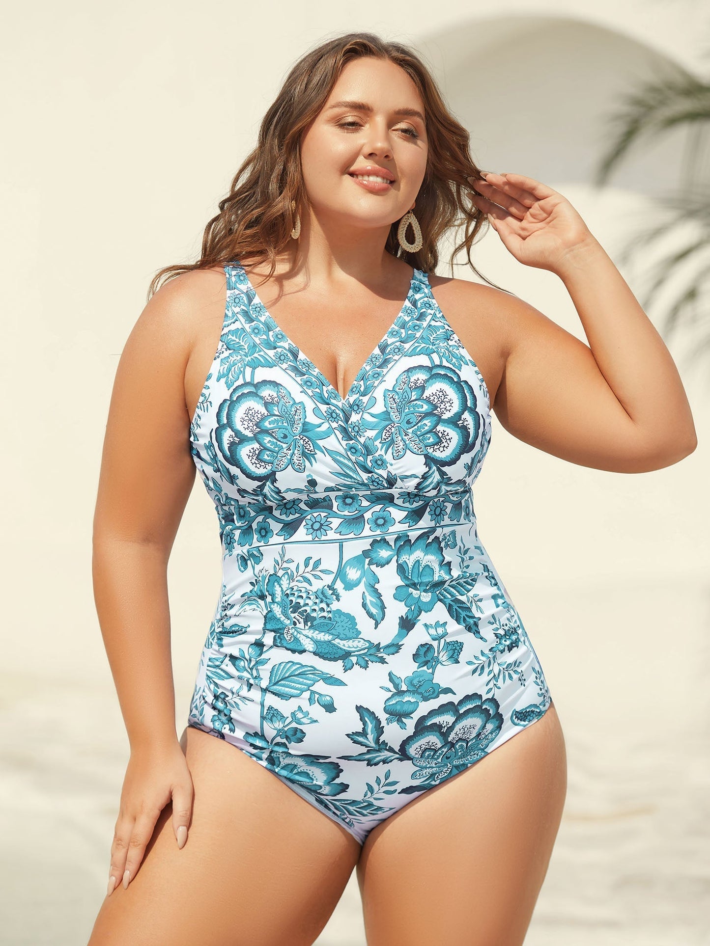Two-Piece Floral Print Ruched Mesh Swimsuit