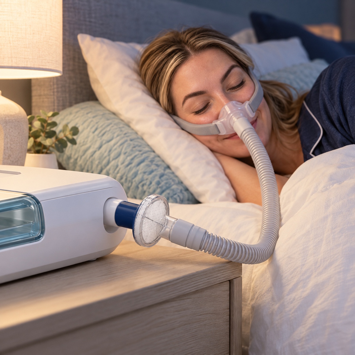 Illustration of a CPAP setup beside a bed