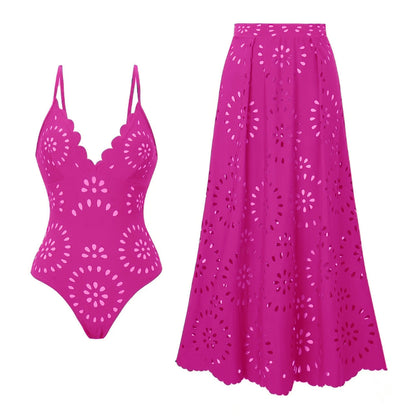 Flower Hollow One Piece Swimsuit and Skirt