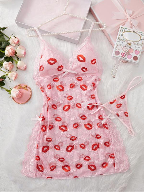 Women's Lip Print Lace Trim Cami Nightdress & Thong Sexy Lingerie Set