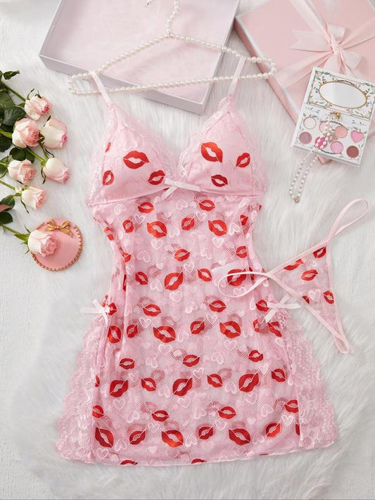 Women's Lip Print Lace Trim Cami Nightdress & Thong Sexy Lingerie Set
