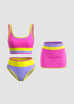 Color Contrast Patchwork Nylon Sporty 3 Piece Bikini Sets 24
