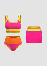 Color Contrast Patchwork Nylon Sporty 3 Piece Bikini Sets 25