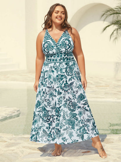Two-Piece Floral Print Ruched Mesh Swimsuit