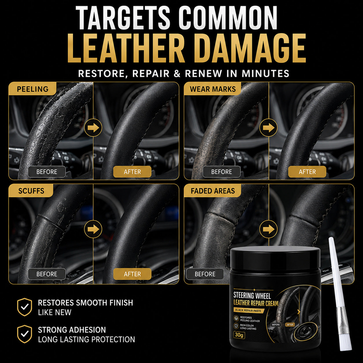 🚗 Leather Steering Wheel Care Cream – Matte Finish, Non-Greasy & Restores Worn Leather
