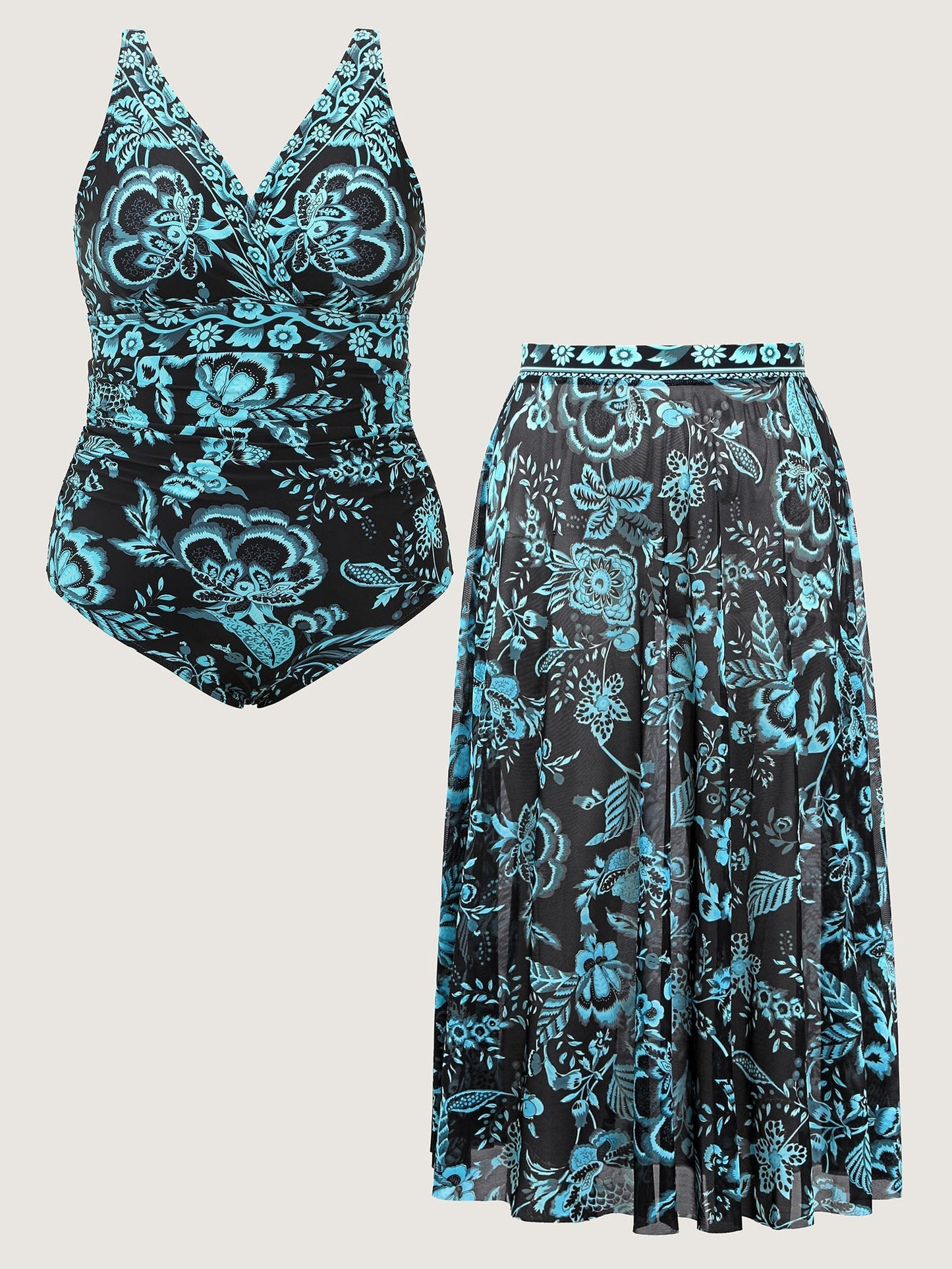 Two-Piece Floral Print Ruched Mesh Swimsuit