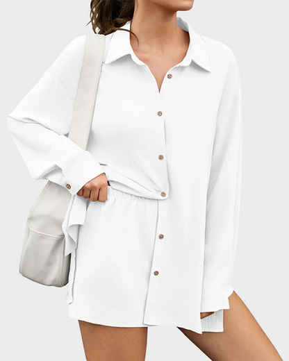 Fisoew Women's Plus Size Gauze Shirt & Shorts Set