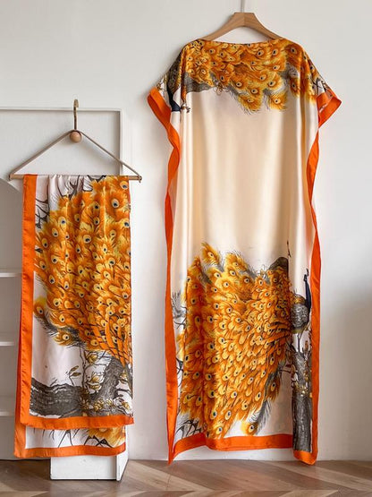 Women's Peacock Print Cape Shawl & Scarf Set – Elegant Beach Swim Cover-Up