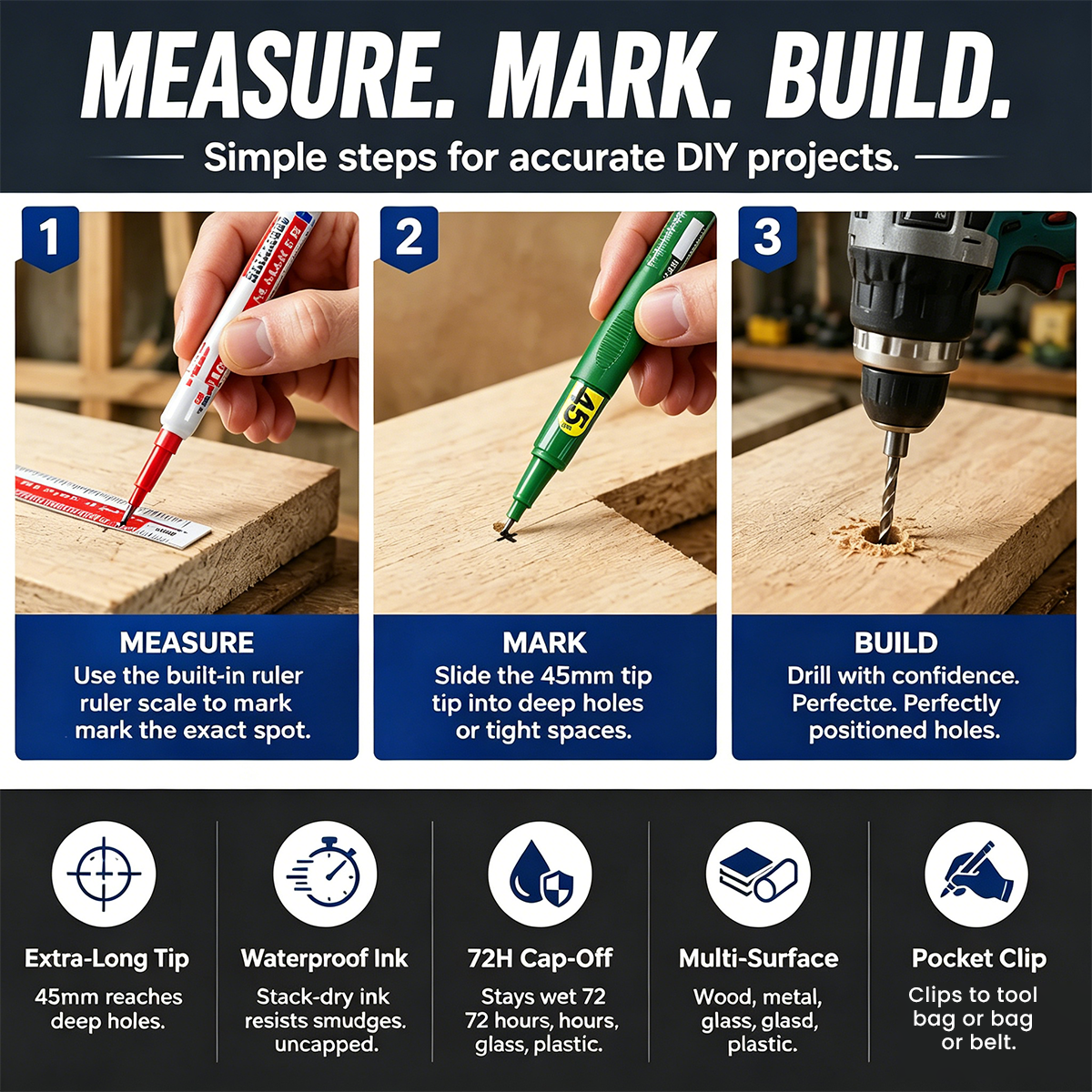 🛠️ Deep Hole Marker Pen – 20mm Long Reach Tip for Precise DIY & Woodworking Marks