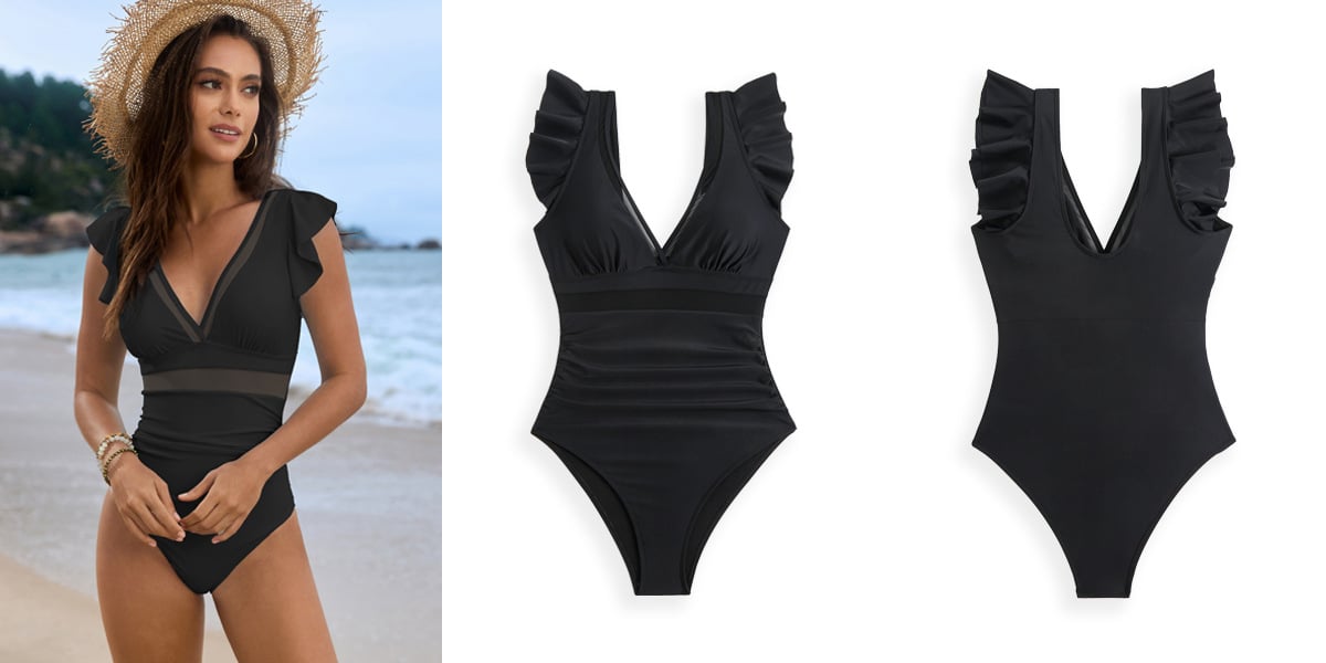 Mesh Patchwork Solid Color One Piece Swimsuit