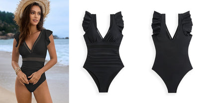 Mesh Patchwork Solid Color One Piece Swimsuit