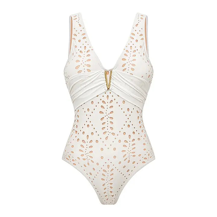 Women's V Neck White Laser Cut One Piece Swimsuit