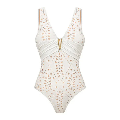 Women's V Neck White Laser Cut One Piece Swimsuit