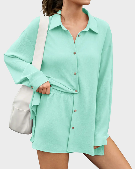 Fisoew Women's Plus Size Gauze Shirt & Shorts Set
