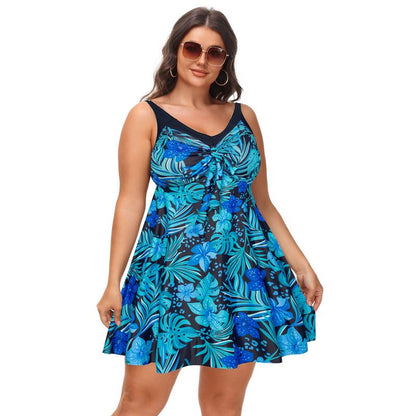 Women's Two Piece Swim Dress Plus Size Tummy Control Tankinis Swimdress Floral Printed Swimwear Swimsuits with Boyshort