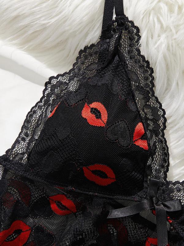 Women's Lip Print Lace Trim Cami Nightdress & Thong Sexy Lingerie Set