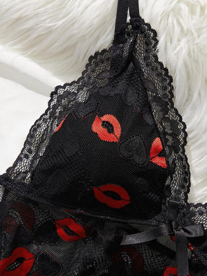 Women's Lip Print Lace Trim Cami Nightdress & Thong Sexy Lingerie Set