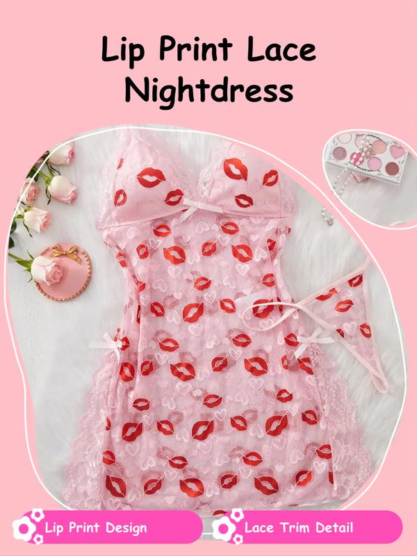 Women's Lip Print Lace Trim Cami Nightdress & Thong Sexy Lingerie Set