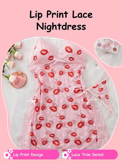 Women's Lip Print Lace Trim Cami Nightdress & Thong Sexy Lingerie Set