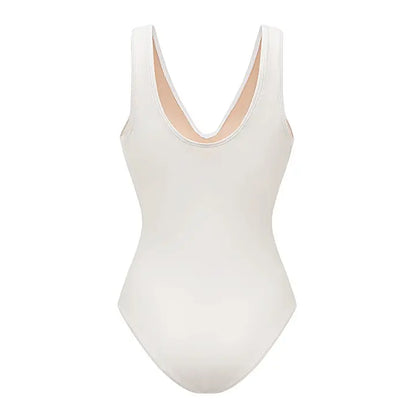 Women's V Neck White Laser Cut One Piece Swimsuit
