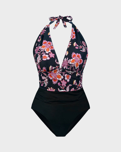 Deep V Halter Neck Backless One-Piece Swimsuit