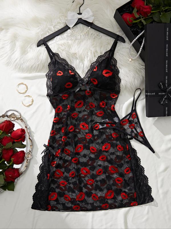 Women's Lip Print Lace Trim Cami Nightdress & Thong Sexy Lingerie Set
