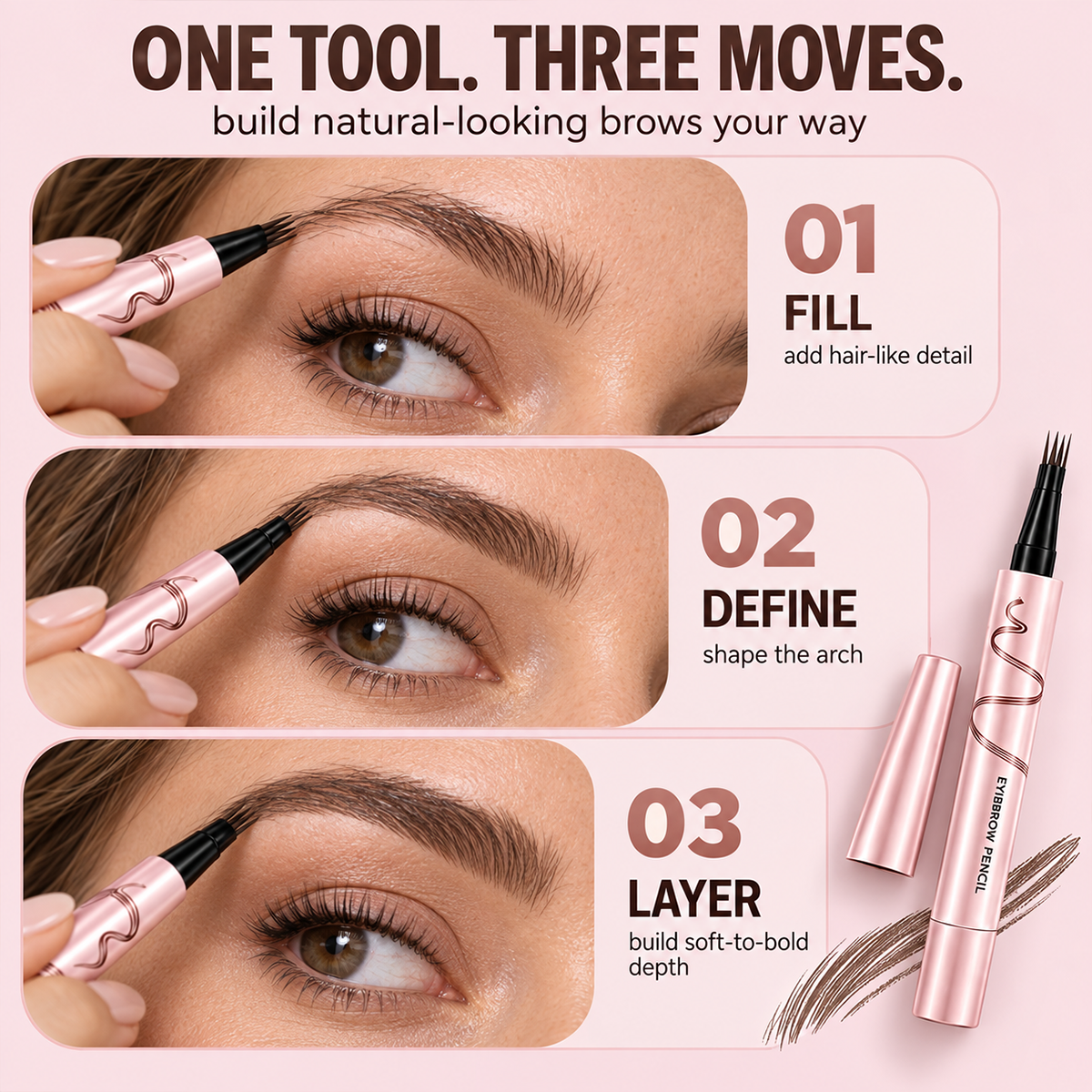 🔥🖤 Waterproof Eyebrow Pencil with 4-Prong Tip | Ultra-Fine Lines for Natural Hair-Like Effect 💗