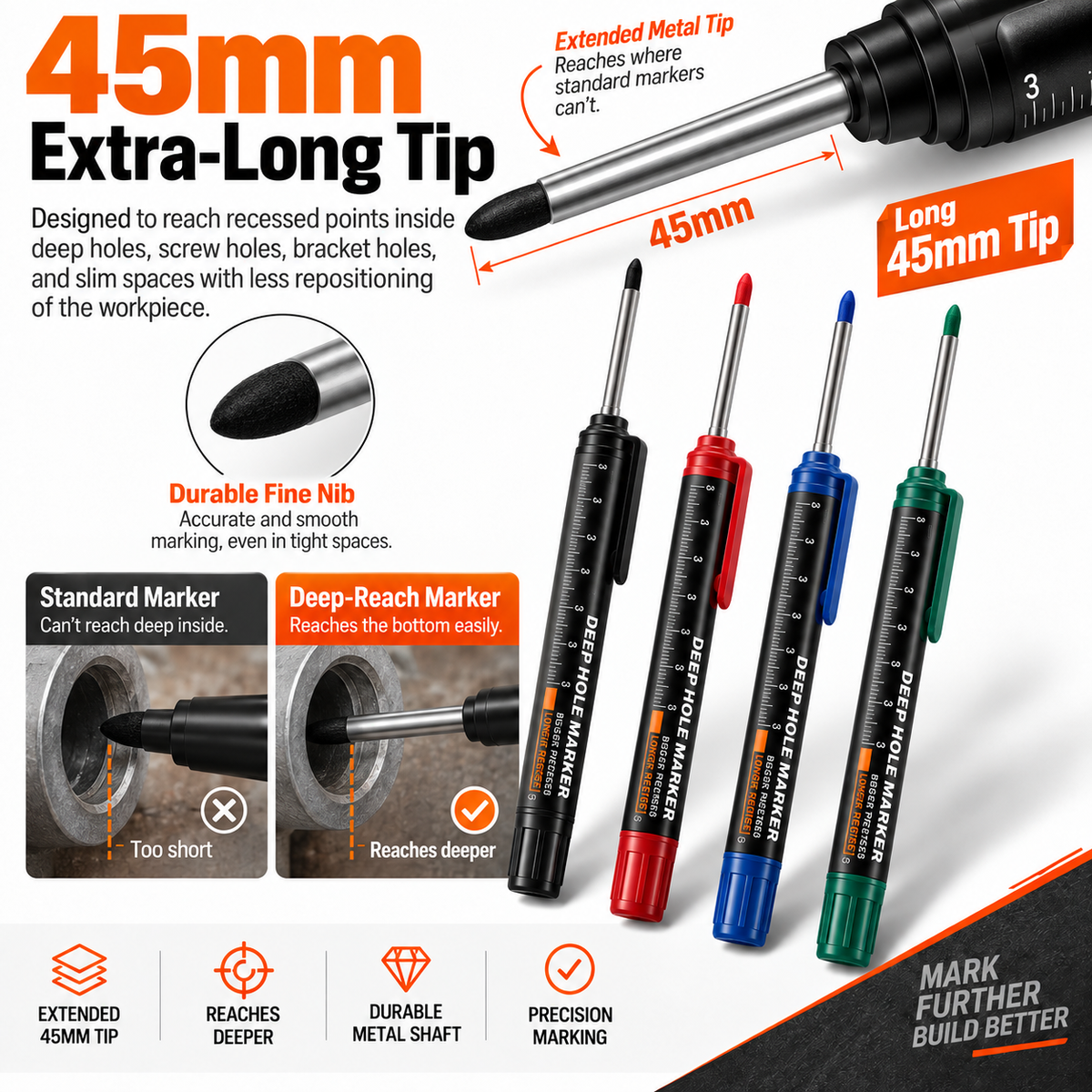 🛠️ Deep Hole Marker Pen – 20mm Long Reach Tip for Precise DIY & Woodworking Marks