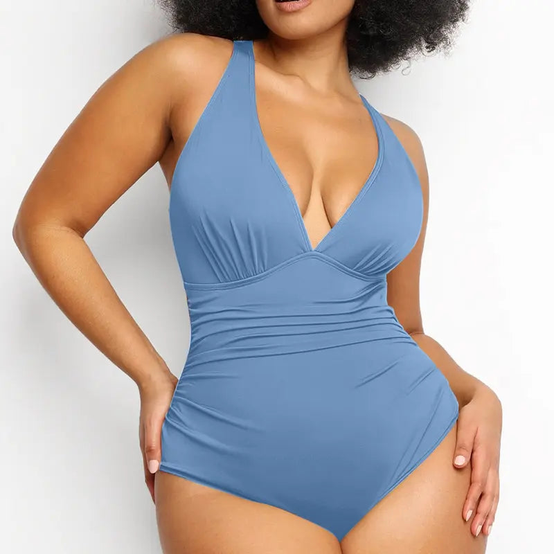 One-Piece with Criss Cross Back & Off-Shoulder Neckline Bodycon Swim Bodysuit