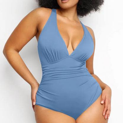 One-Piece with Criss Cross Back & Off-Shoulder Neckline Bodycon Swim Bodysuit