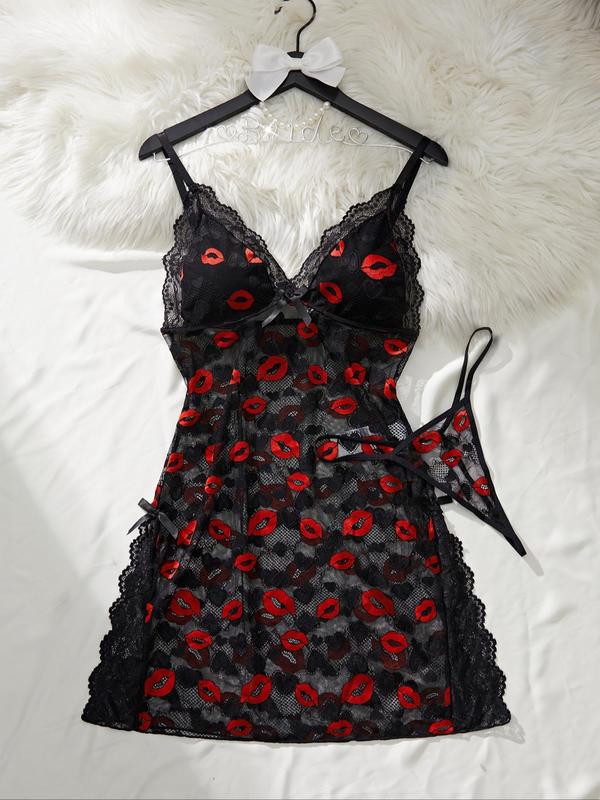 Women's Lip Print Lace Trim Cami Nightdress & Thong Sexy Lingerie Set