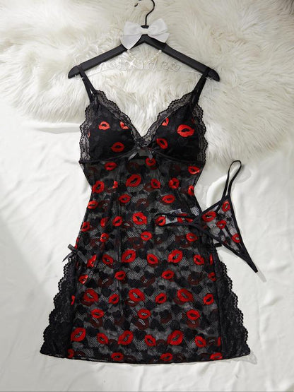 Women's Lip Print Lace Trim Cami Nightdress & Thong Sexy Lingerie Set