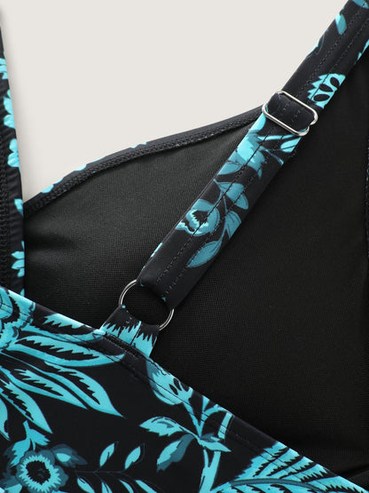 Two-Piece Floral Print Ruched Mesh Swimsuit