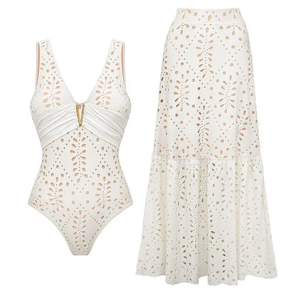 Women's V Neck White Laser Cut One Piece Swimsuit