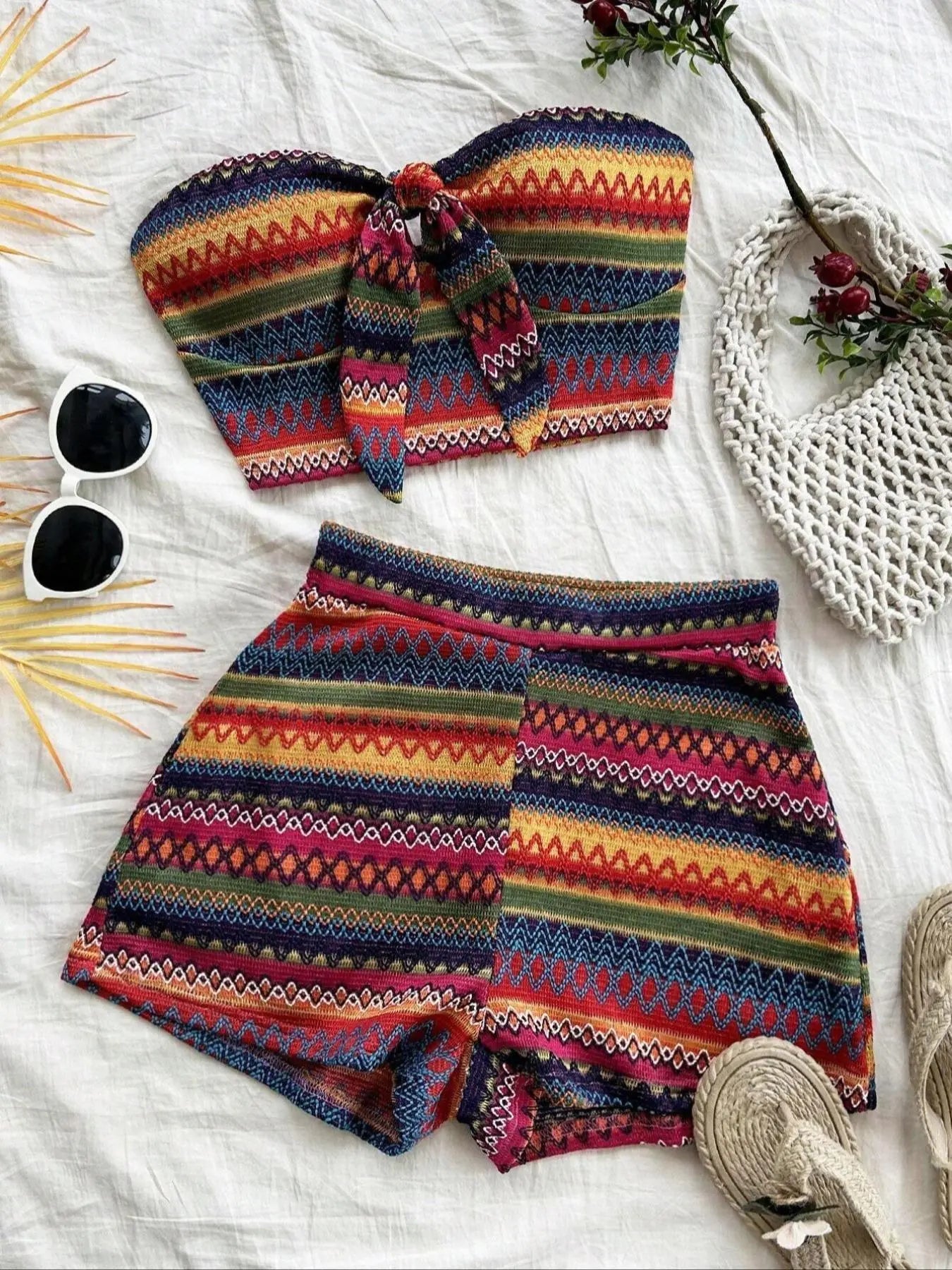 Women's Striped Crop Tube Top & High-Waist Shorts Set – Casual Boho Two-Piece Summer Outfit