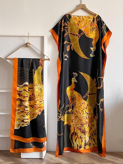 Women's Peacock Print Cape Shawl & Scarf Set – Elegant Beach Swim Cover-Up