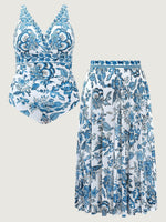 Two-Piece Floral Print Ruched Mesh Swimsuit 30