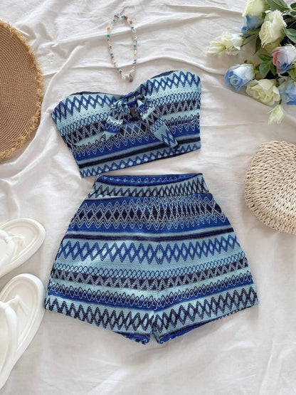 Women's Striped Crop Tube Top & High-Waist Shorts Set – Casual Boho Two-Piece Summer Outfit