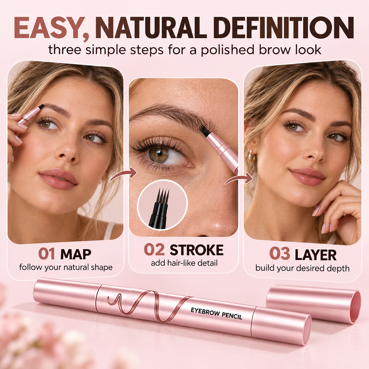 🔥🖤 Waterproof Eyebrow Pencil with 4-Prong Tip | Ultra-Fine Lines for Natural Hair-Like Effect 💗
