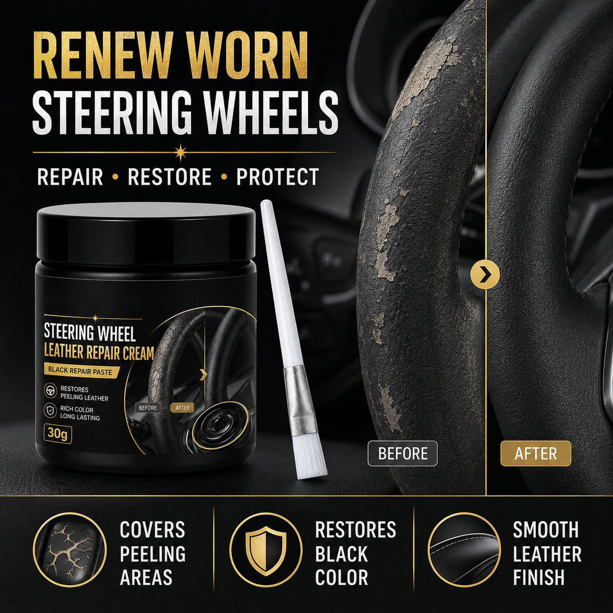 🚗 Leather Steering Wheel Care Cream – Matte Finish, Non-Greasy & Restores Worn Leather