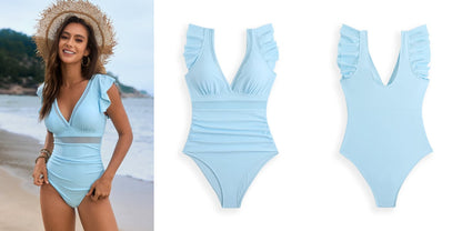 Mesh Patchwork Solid Color One Piece Swimsuit