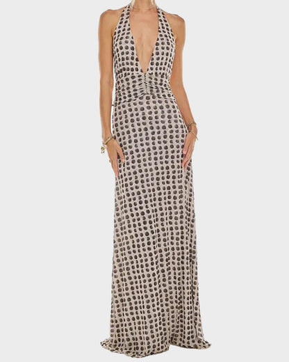 Women Long Dress, Sleeveless Halter Dress Backless Flower/Dots Print Summer Cocktail Dress