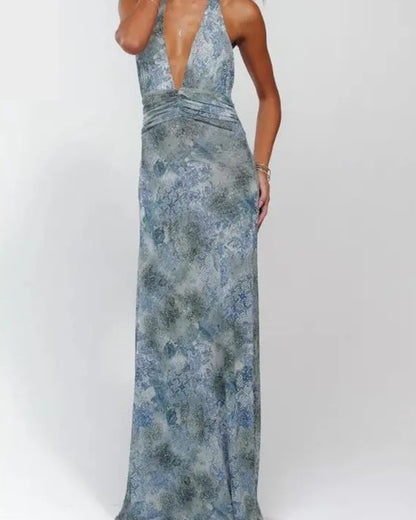 Women Long Dress, Sleeveless Halter Dress Backless Flower/Dots Print Summer Cocktail Dress