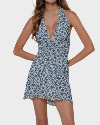 Women Long Dress, Sleeveless Halter Dress Backless Flower/Dots Print Summer Cocktail Dress