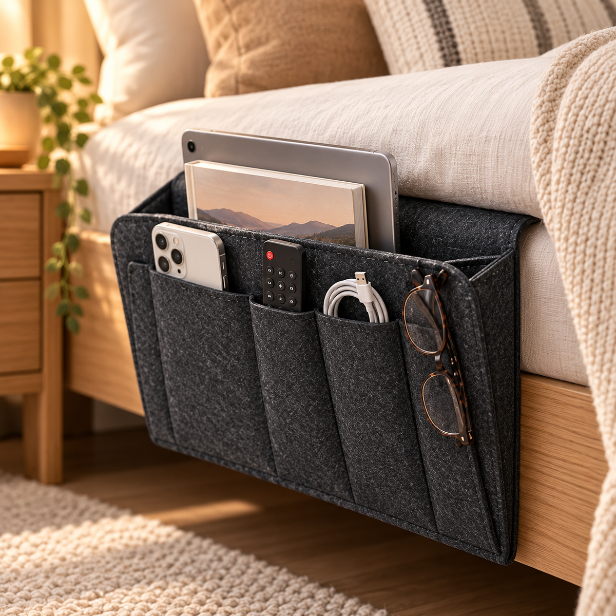 🛏️ No-Tool Bedside Storage Organizer – Slide-In Hanging Caddy for Easy Bedside Organization