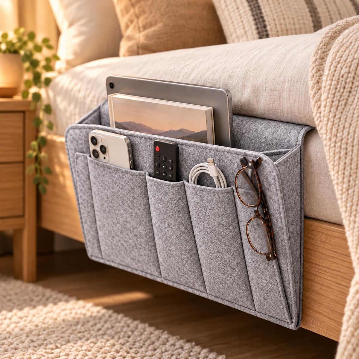 🛏️ No-Tool Bedside Storage Organizer – Slide-In Hanging Caddy for Easy Bedside Organization