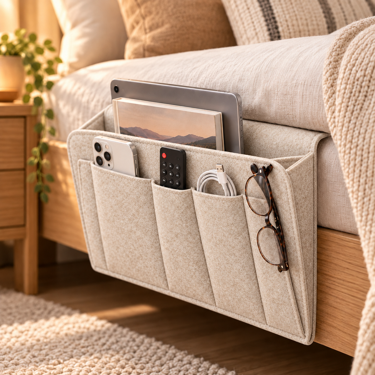 🛏️ No-Tool Bedside Storage Organizer – Slide-In Hanging Caddy for Easy Bedside Organization