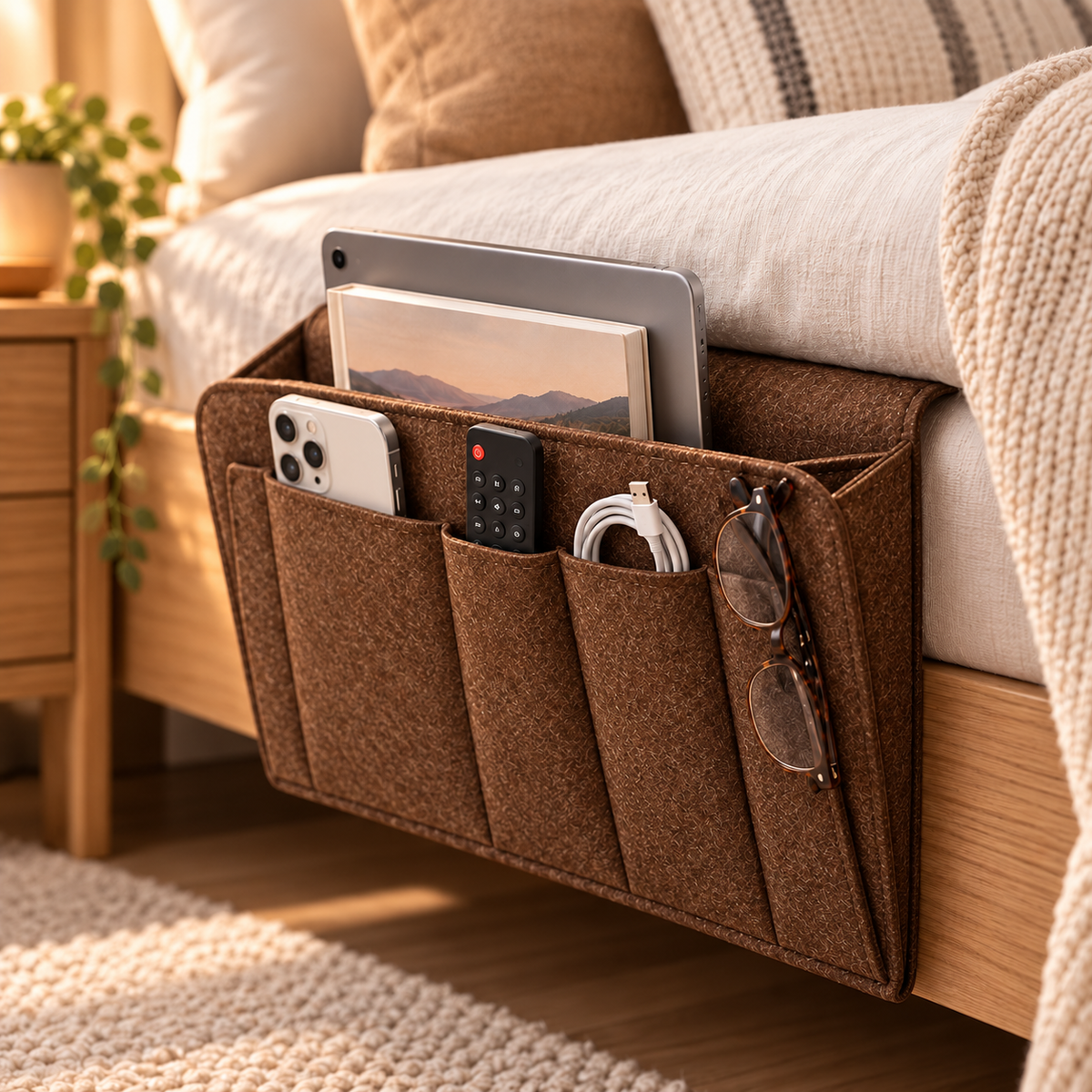 🛏️ No-Tool Bedside Storage Organizer – Slide-In Hanging Caddy for Easy Bedside Organization